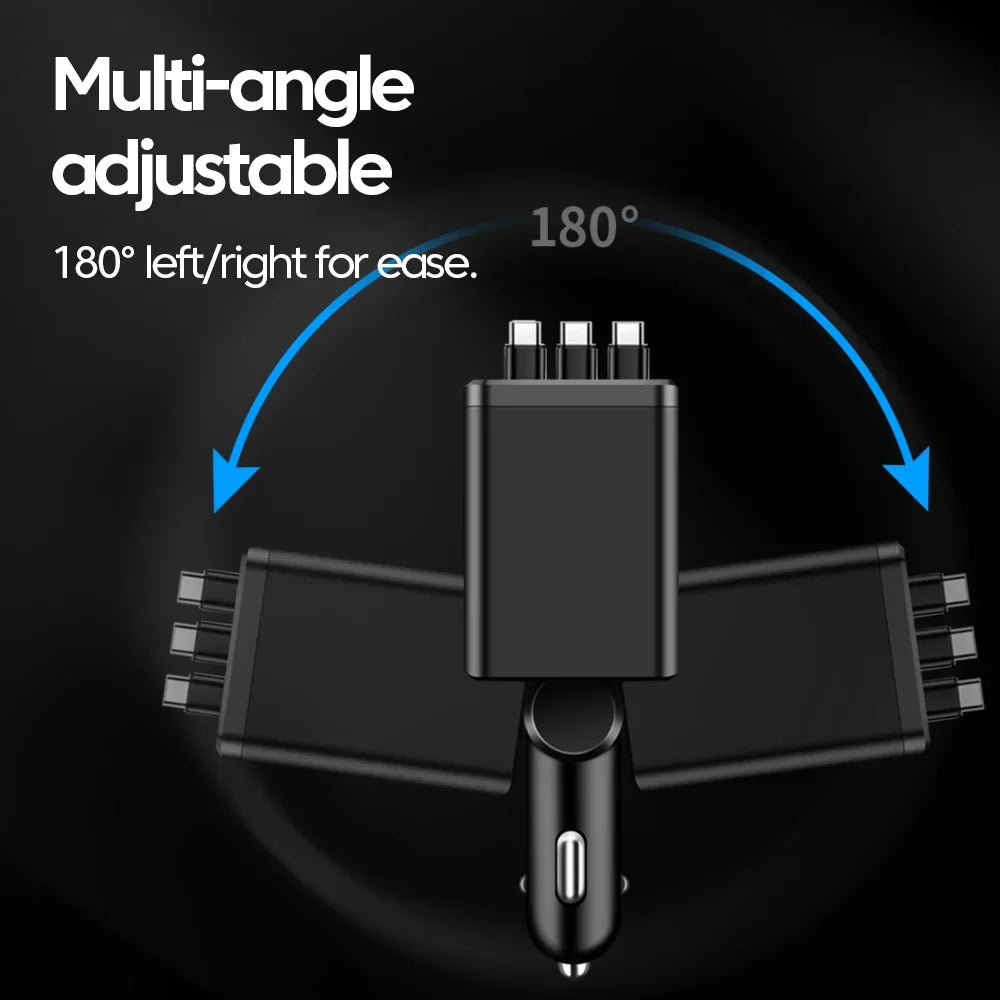 7-in-1 Retractable Car Charger Fast Charging USB Type-C Power Adapter With LED Retractable Cable for iPhone Xiaomi