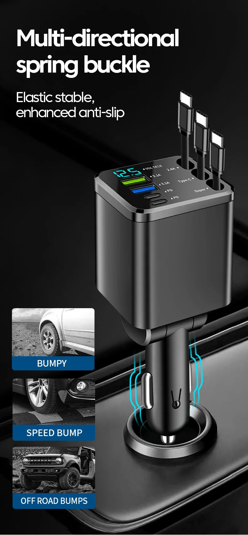 7-in-1 Retractable Car Charger Fast Charging USB Type-C Power Adapter With LED Retractable Cable for iPhone Xiaomi