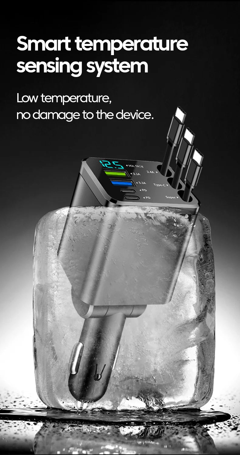 7-in-1 Retractable Car Charger Fast Charging USB Type-C Power Adapter With LED Retractable Cable for iPhone Xiaomi