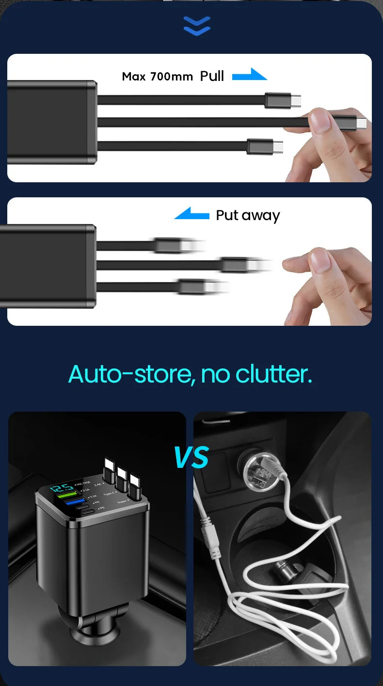 7-in-1 Retractable Car Charger Fast Charging USB Type-C Power Adapter With LED Retractable Cable for iPhone Xiaomi