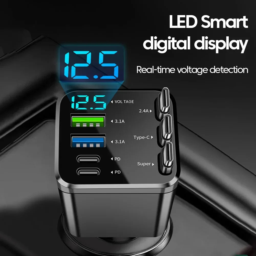 7-in-1 Retractable Car Charger Fast Charging USB Type-C Power Adapter With LED Retractable Cable for iPhone Xiaomi