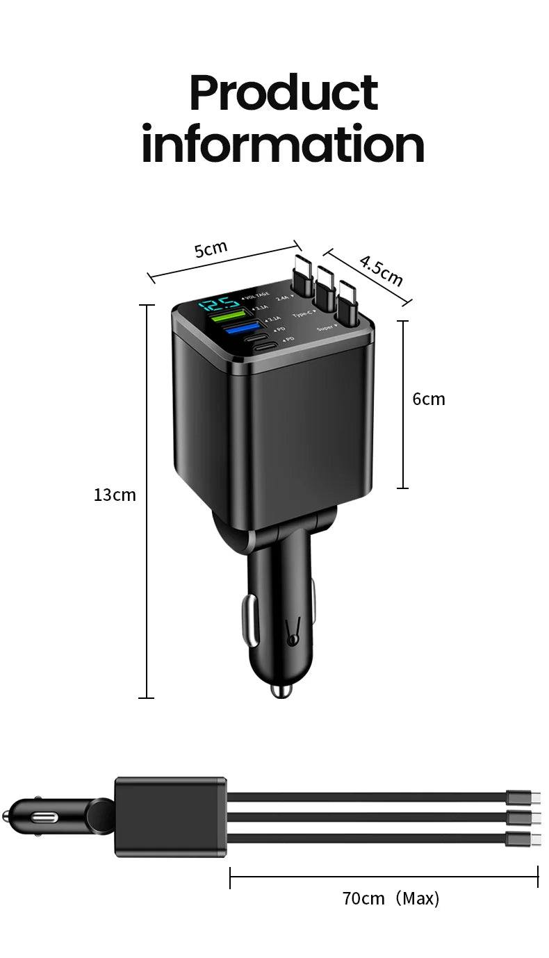 7-in-1 Retractable Car Charger Fast Charging USB Type-C Power Adapter With LED Retractable Cable for iPhone Xiaomi