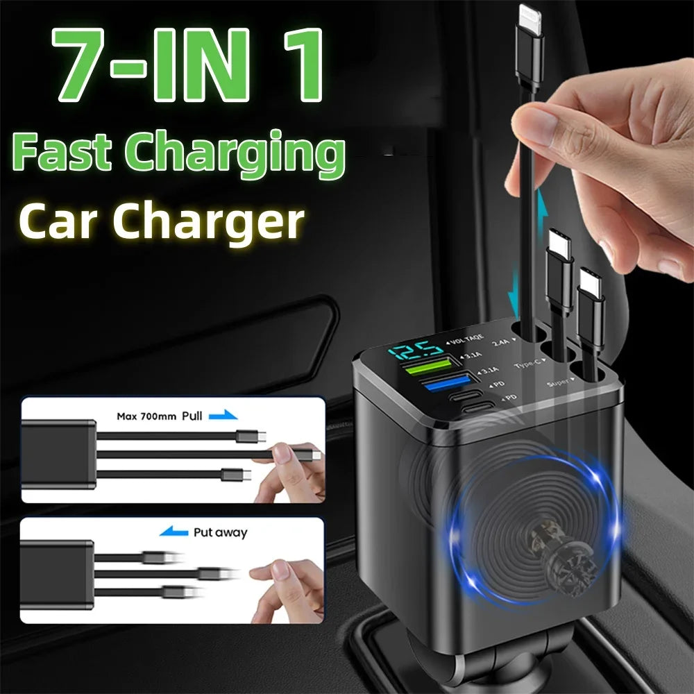7-in-1 Retractable Car Charger Fast Charging USB Type-C Power Adapter With LED Retractable Cable for iPhone Xiaomi