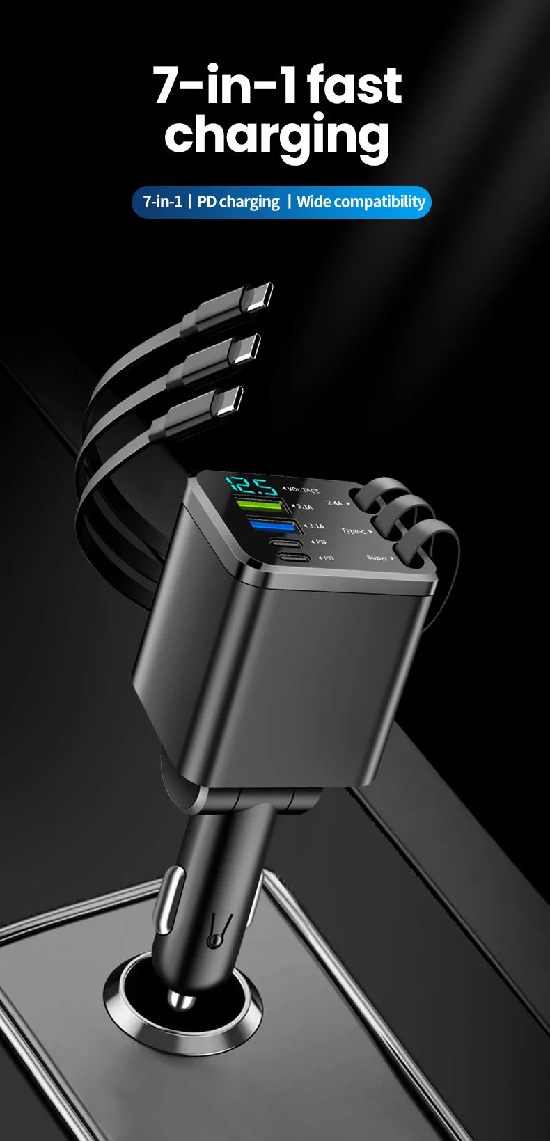 7-in-1 Retractable Car Charger Fast Charging USB Type-C Power Adapter With LED Retractable Cable for iPhone Xiaomi