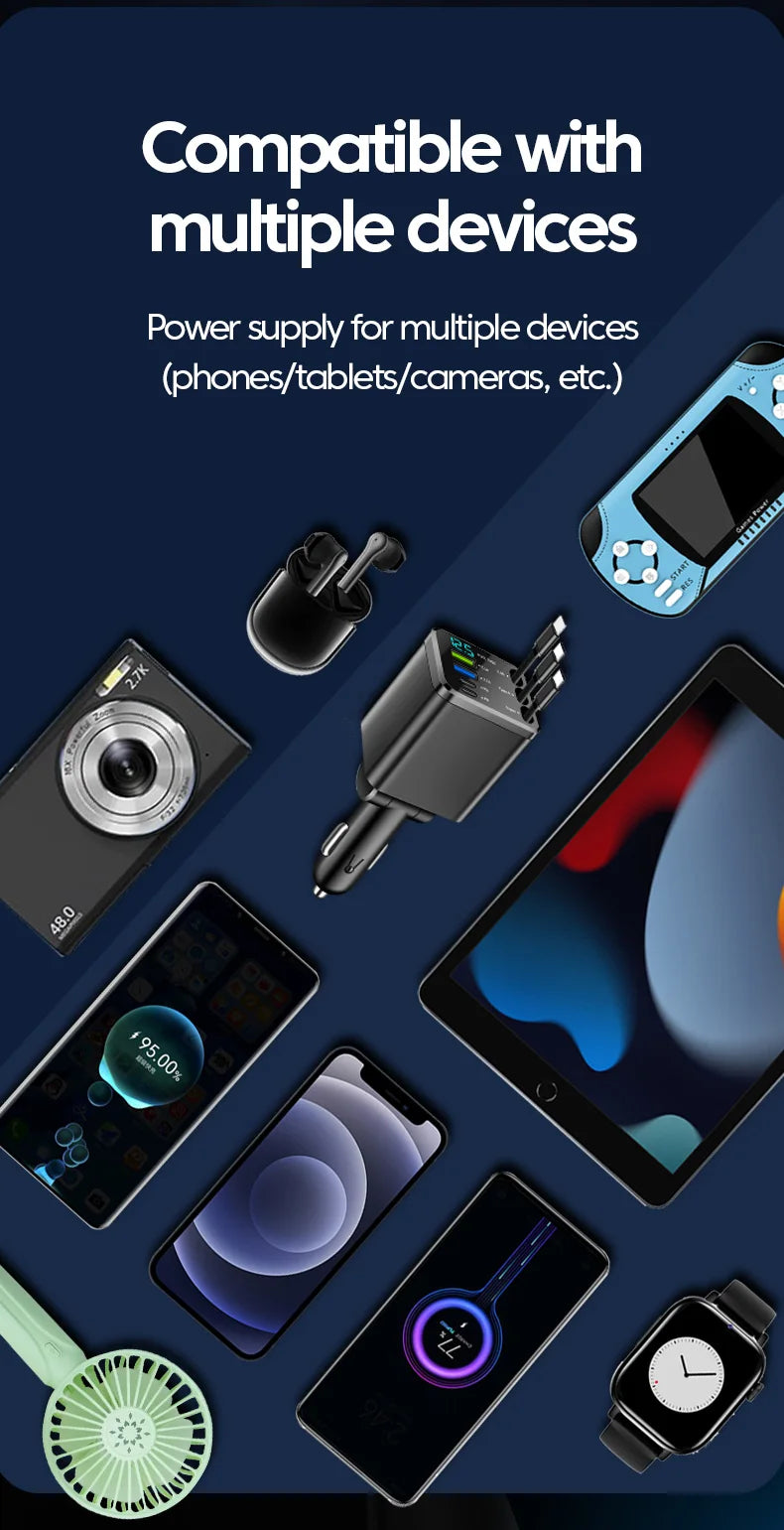 7-in-1 Retractable Car Charger Fast Charging USB Type-C Power Adapter With LED Retractable Cable for iPhone Xiaomi